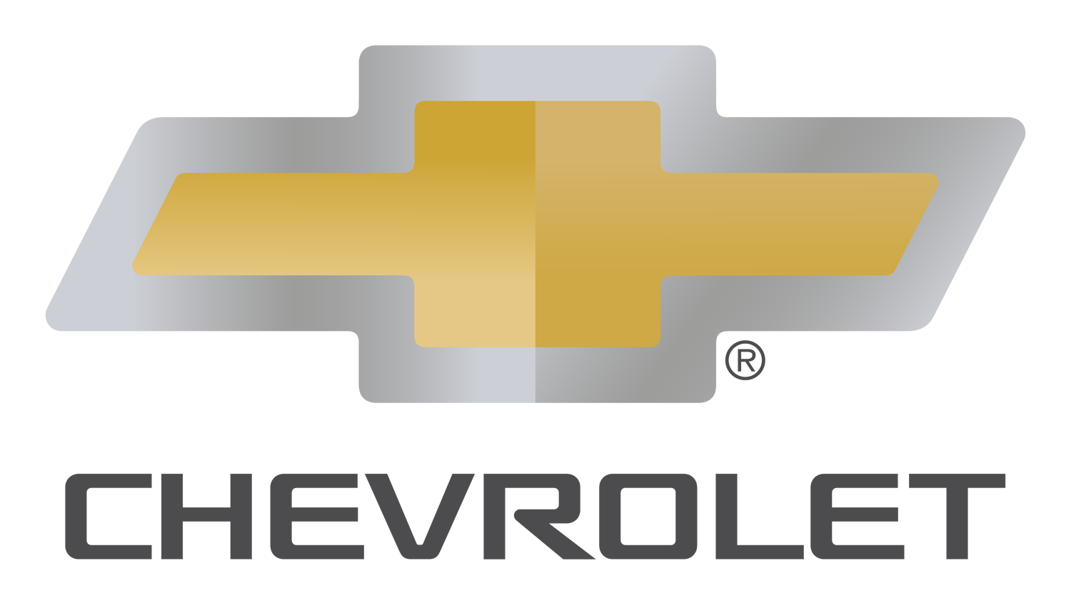 Chevrolet logo beside its brand color palette: gold #CD9834, chrome silver #C7C9CB, dark gray #58595B